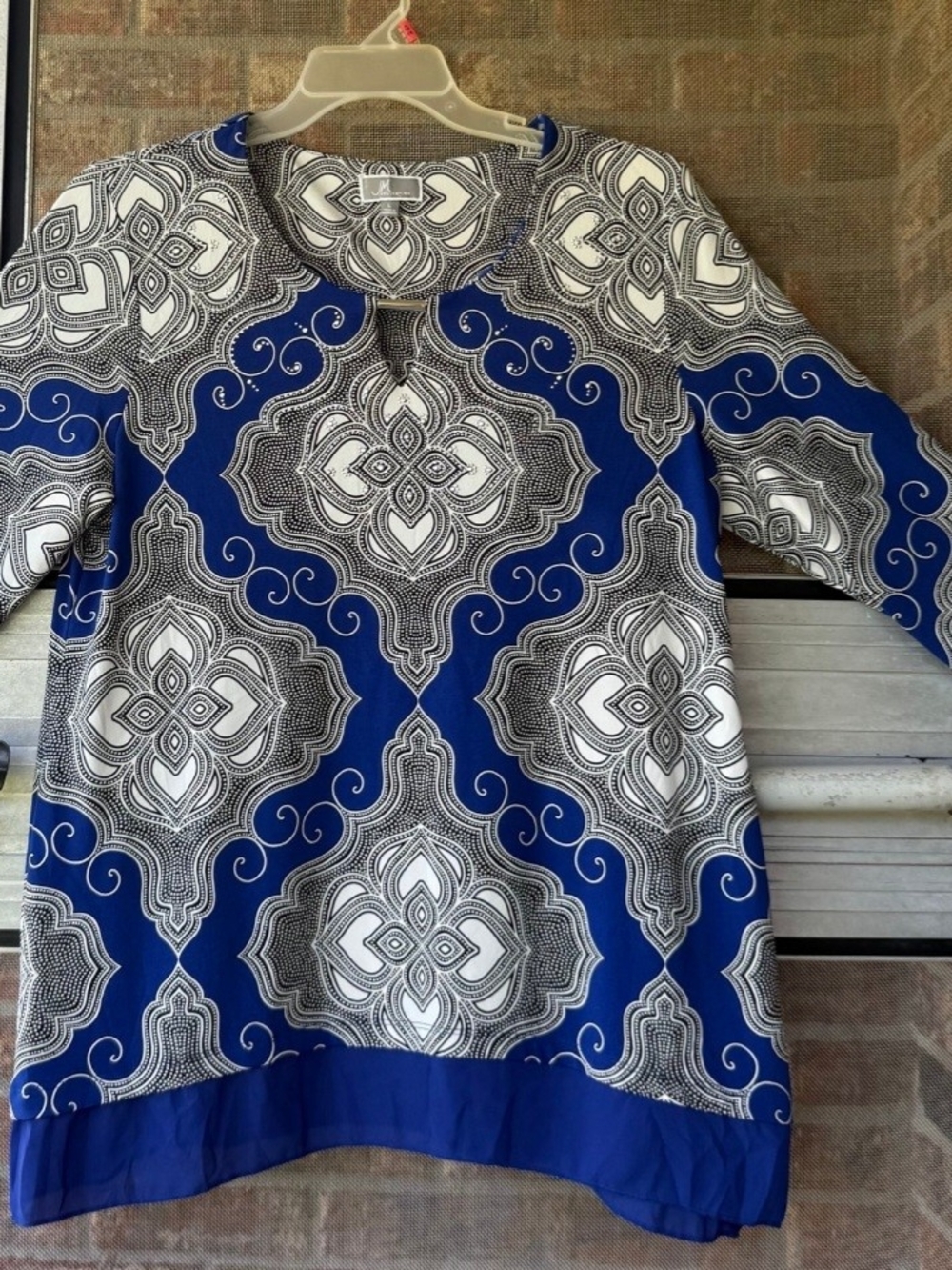JM Collection Blue & Gray Patterned Blouse Size L